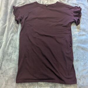 Uniqlo Mercerized Cotton Ruffle Sleeve T-Shirt Dress Pockets Burgundy L Plum